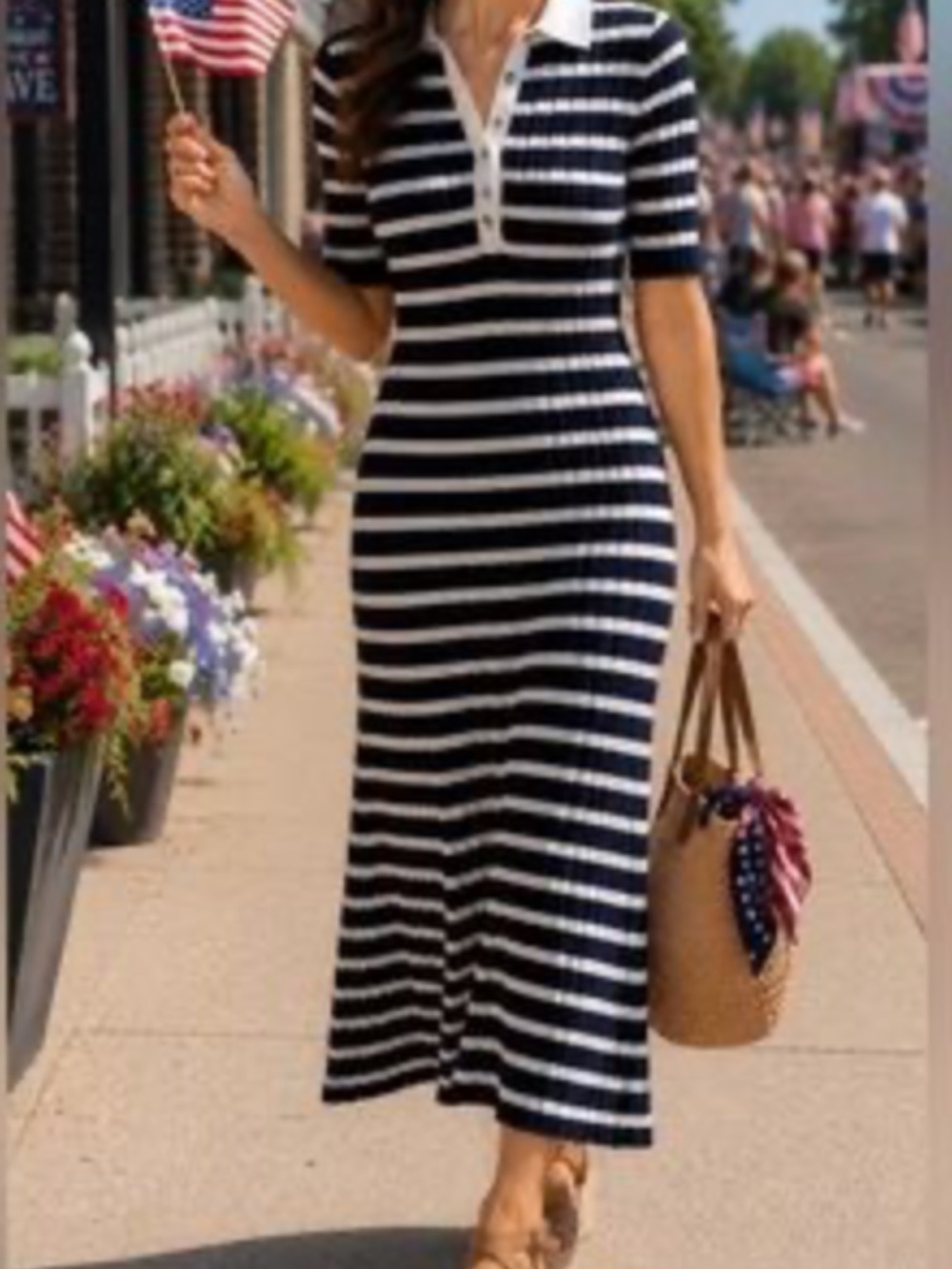 LOFT Navy & White Striped Ribbed Polo Midi Dress M